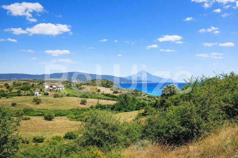 Πανοραμική θέα οικοπέδου στην Χαλκιδική με γαλάζια θάλασσα, βουνά και πράσινη βλάστηση.