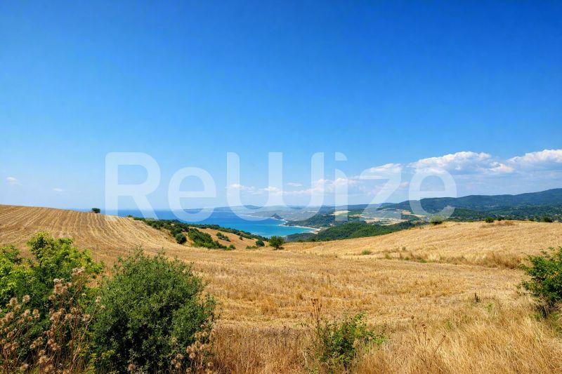 Πανοραμική θέα γης στη Χαλκιδική με χρυσαφένια χωράφια, πράσινη βλάστηση και θαυμάσια θέα της θάλασσας.