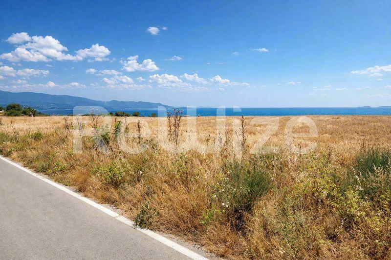 Θέα προς τη θάλασσα από ένα οικόπεδο στη Χαλκιδική, με θέα στο Αιγαίο Πέλαγος και χρυσαφένια πεδία.