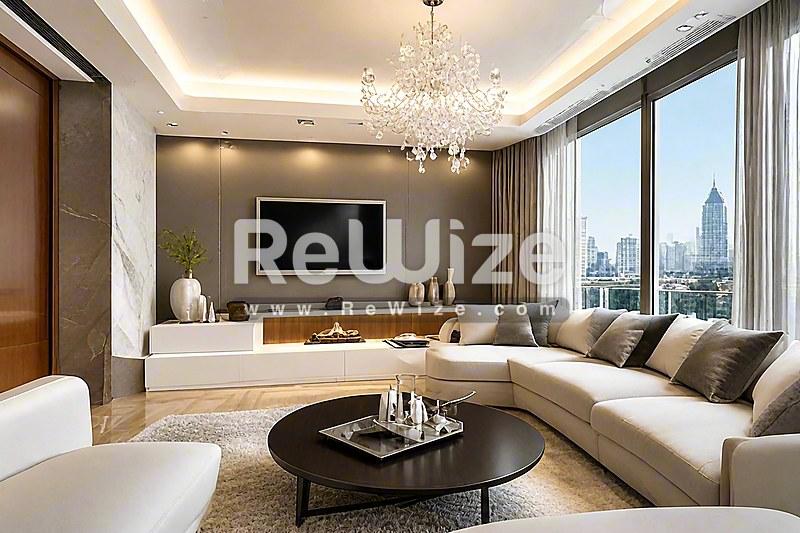 Σύγχρονο σαλόνι στην ιδιοκτησία Halkidiki rw-7458 με καμπύλο γωνιακό καναπέ, τηλεόραση τοίχου και θέα στον ορίζοντα της πόλης.