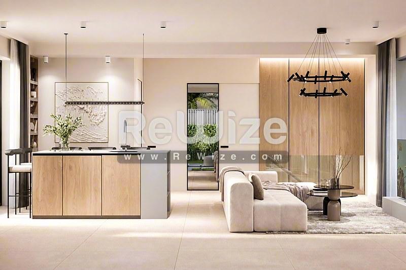 Ανοιχτόχωρο σαλόνι στο ακίνητο Halkidiki rw-7458 με σύγχρονη κουζίνα, καθιστικό και διάδρομο.