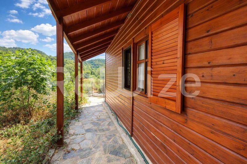 Ξύλινη πρόσοψη μονοκατοικίας στη Χαλκιδική με στεγασμένη είσοδο και φυσικό περιβάλλον.