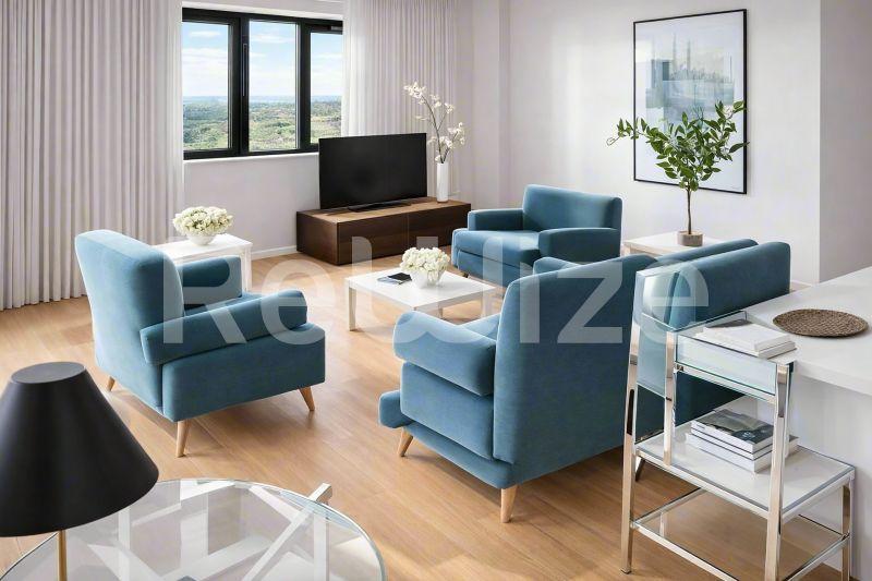 Τρισδιάστατη απεικόνιση σαλονιού σύγχρονης βίλας στη Χαλκιδική με μπλε πολυθρόνες και ξύλινο δάπεδο.