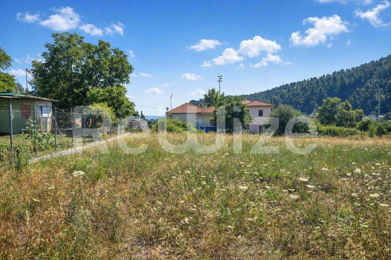Οικόπεδο προς δόμηση στη Χαλκιδική με δέντρα, θέα στην ύπαιθρο και παραδοσιακές πέτρινες κατοικίες.